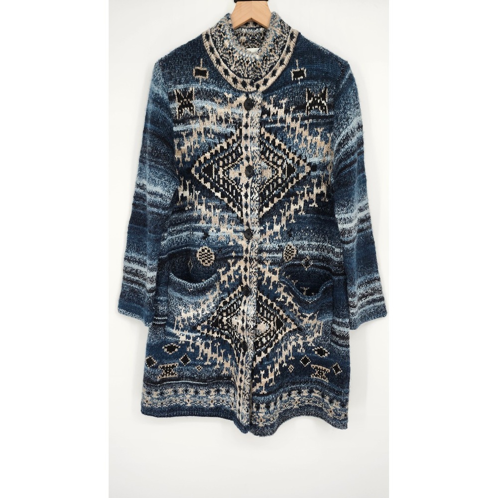 J. Jill Womens Blue Southwestern Duster Sweater Size LP Nordic Wool Blend Cabin